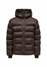 Giacca bomber marrone con chiusura a zip, cappuccio e polsini a coste. Presenta sezioni trapuntate per l'isolamento e una texture esterna liscia.