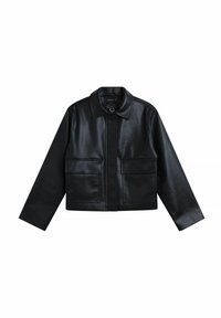 Veste en cuir noir avec col à revers, fermeture éclair sur le devant et deux grandes poches plaquées à l'avant. Texture lisse et design structuré.