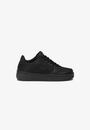 Black sneakers made of synthetic material with a smooth finish, featuring laces, a padded collar, and an embossed logo on the side.