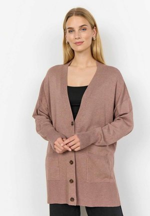 Light pink knitted cardigan with a deep V-neck, front buttons, two pockets, and long sleeves. Soft texture, loose fit, casual design.