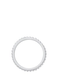 Weißes, rundes Armband mit erhobenen Perlen entlang des äußeren Randes, hergestellt aus einem glatten, glänzenden Material, mit einem schlichten, abgerundeten Design.