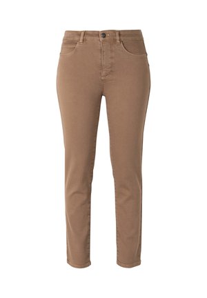 Brown cotton blend jeans with a slim fit, five-pocket design, button closure, and a smooth texture, offering a versatile look.