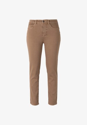 Braune Baumwollmischung-Jeans mit schmaler Passform, Fünf-Taschen-Design, Knopfverschluss und glatter Textur, die einen vielseitigen Look bieten.