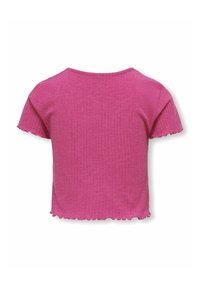 Rosa ribbet crop topp med korte ermer, med en bølget kant og en avslappet passform. Mykt stoff med en teksturert utseende.