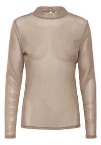 Ilgomis rankovėmis, permatomas viršus šviesiai rudos spalvos su subtiliu blizgesiu. Turi aukštą apykaklę ir užsegimą su mygtukais nugaroje. Minkšta, lengva tekstūra.