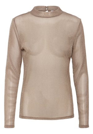 Top de manga larga y tela transparente en tono marrón claro con un sutil brillo. Cuenta con un cuello alto y cierre trasero con botones. Textura suave y ligera.
