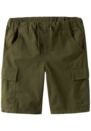 Olivengrønne cargoshorts med elastisk midjebånd, snor, to sidelommer og klaffelommer på hvert lår.