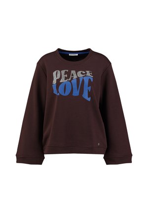 Ciemnobrązowa bluza z długimi rękawami i napisem ""PEACE LOVE"" w srebrnym i niebieskim na przodzie.