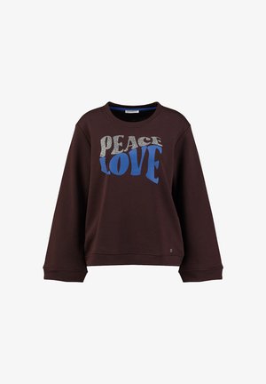 Ciemnobrązowa bluza z długimi rękawami i napisem ""PEACE LOVE"" w srebrnym i niebieskim na przodzie.