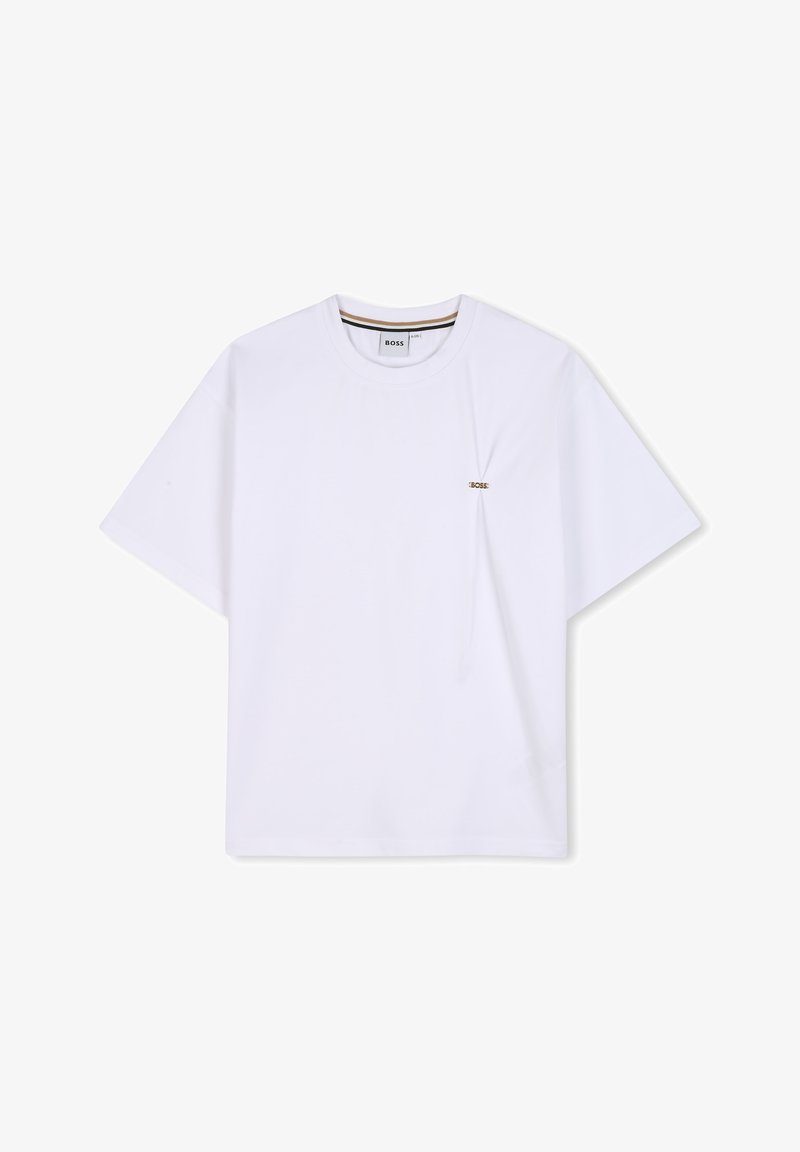 Λευκό κοντομάνικο T-shirt με στρογγυλή λαιμόκοψη, μικρό πορτοκαλί λογότυπο BOSS στο αριστερό στήθος και ριγέ λεπτομέρεια στην εσωτερική πλευρά του γιακά.