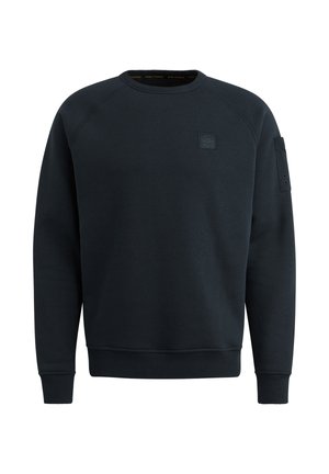 Black cotton sweatshirt with a crew neck, raglan sleeves, a front logo patch, and button details on the sleeve. Classic fit, textured surface.