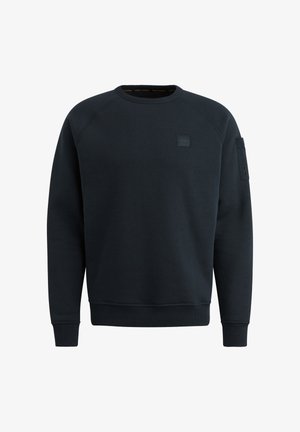 Sort bomulds-sweatshirt med rund hals, raglanærmer, et logo-patch foran og knapdetaljer på ærmet. Klassisk pasform, tekstureret overflade.