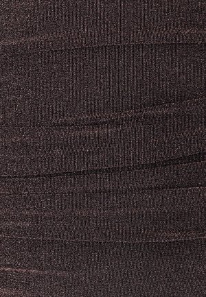 Textured stretch fabric in dark brown with subtle sheen. Features horizontal ridges creating a striped appearance. Soft, elastic material.