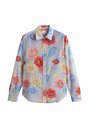 Camicia a maniche lunghe con bottoni e collo, caratterizzata da grandi motivi floreali rossi, blu, gialli e rosa su uno sfondo chiaro.