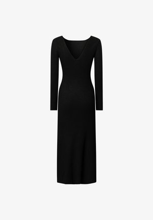 Abito midi nero a coste con maniche lunghe, scollatura a V profonda e silhouette aderente. Tessuto liscio con leggera elasticità.