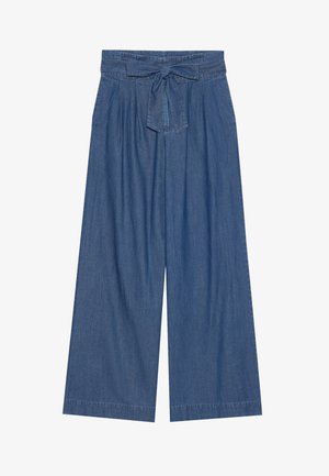 Denim culottes med høy midje, vide ben og bånd i stoff. Teksturen er myk og fargen er en mellomblå.