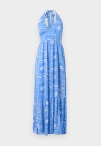 Maxikleid mit blauem Neckholder, verziert mit floralen und Paisley-Mustern, gestuftem Rock und lockerer Passform. Weiches Material mit leichter Textur.