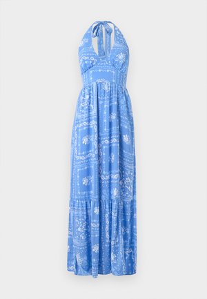 Maxikleid mit blauem Neckholder, verziert mit floralen und Paisley-Mustern, gestuftem Rock und lockerer Passform. Weiches Material mit leichter Textur.