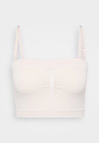 Light beige bralette with gathered center detail, adjustable straps, and a smooth, stretchy fabric. Seamless design with a soft texture.