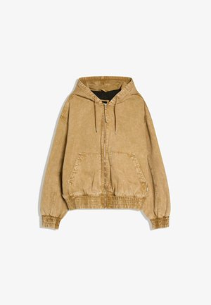 Brown zip-up hooded jacket with drawstrings, front pockets, and elastic cuffs and hem, displayed on a white background.