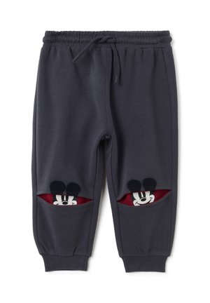 Pantalon de jogging gris avec une taille élastique, doté de poches latérales avec un bord rouge et des détails ludiques du personnage de Mickey Mouse qui apparaissent.