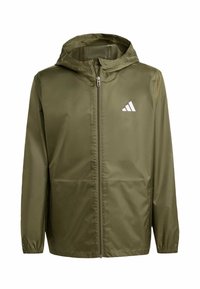 Dajúca sa olivovo zelená ľahká bunda s predným zipsom, kapucňou so šnúrkou a elastickými manžetami. Má biele logo Adidas na ľavej strane hrudníka.
