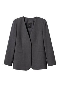 Blazer gris ajustado con escote en V, mangas largas, bolsillos frontales y una tela texturizada, diseñado para una silueta entallada.