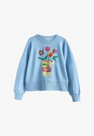 Világoskék hosszú ujjú pulóver bordázott mandzsettákkal és szegéllyel, elöl színes hímzett virágokkal, egy sárga "Sun Bird Peaches" doboz mintájában.