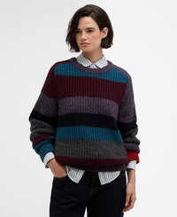 Sweter z dzianiny z szerokimi poziomymi paskami w odcieniach burgundowym, niebieskim, szarym i czarnym; luźny krój z teksturowaną powierzchnią.