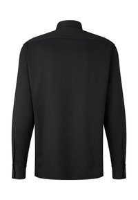 Long-sleeve shirt in solid black fabric, featuring a classic collar, buttoned cuffs, and a straight hem with no patterns or embellishments.