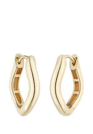 Pair of small, gold-tone, wavy-shaped hoop earrings with a smooth polished surface and hinged closures.