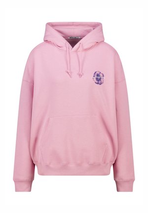 Hoodie rose clair avec poche avant, capuche à cordon, et petit graphique de fleur violette avec le texte "Le Jardin Botanique" sur la poitrine.