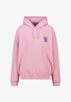Lichtroze hoodie met een voorzak, capuchon met trekkoord en een kleine paarse bloem graphic met de tekst "De Botanische Tuin" op de borst.