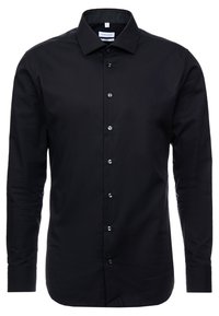 Svart långärmad herrskjorta med krage, slim fit och subtil prickig mönstring inuti kragen.