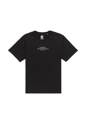 Maglietta nera in cotone con colletto tondo. Presenta la scritta "ELEMENT SKATEBOARD CO." e "WORLD WIDE" stampate in contrasto blu.