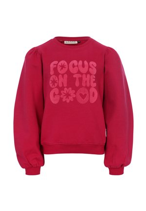 Rode sweatshirt met opgezette mouwen, ronde hals en gemêleerde letters die "FOCUS ON THE GOOD" in het roze zeggen. Gemaakt van een zachte katoenmix.