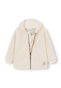 Veste en polaire couleur crème avec fermeture éclair sur le devant, capuche, deux poches avant et poignets côtelés. Texture douce avec un aspect réconfortant.