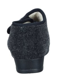 Dark grey felt slipper with a textured upper, soft lining, and a black rubber sole. Features a rounded back and slight heel.