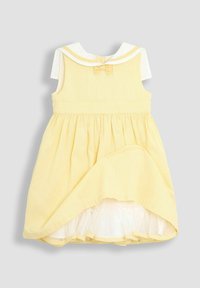 Gelbes gestreiftes Kleid mit einem weißen Kragen, Schleifendetail hinten und einem ausgestellten Rock. Innen mit einem weißen Stoff gefüttert für mehr Volumen.