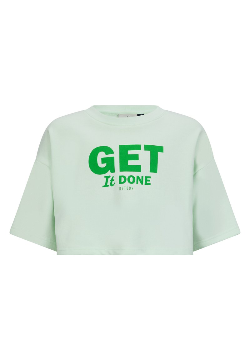 T-shirt cropped verde chiaro con maniche corte, con una scritta verde audace che dice "FALLA" e "RETOUR" sotto. Texture liscia.