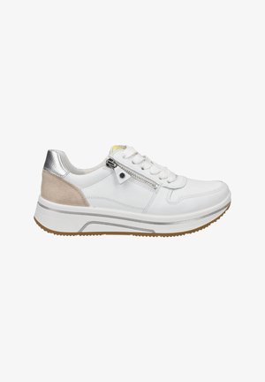 White leather sneakers with silver accents, beige suede heel, textured rubber sole, and a zippered side detail. Lace-up closure.