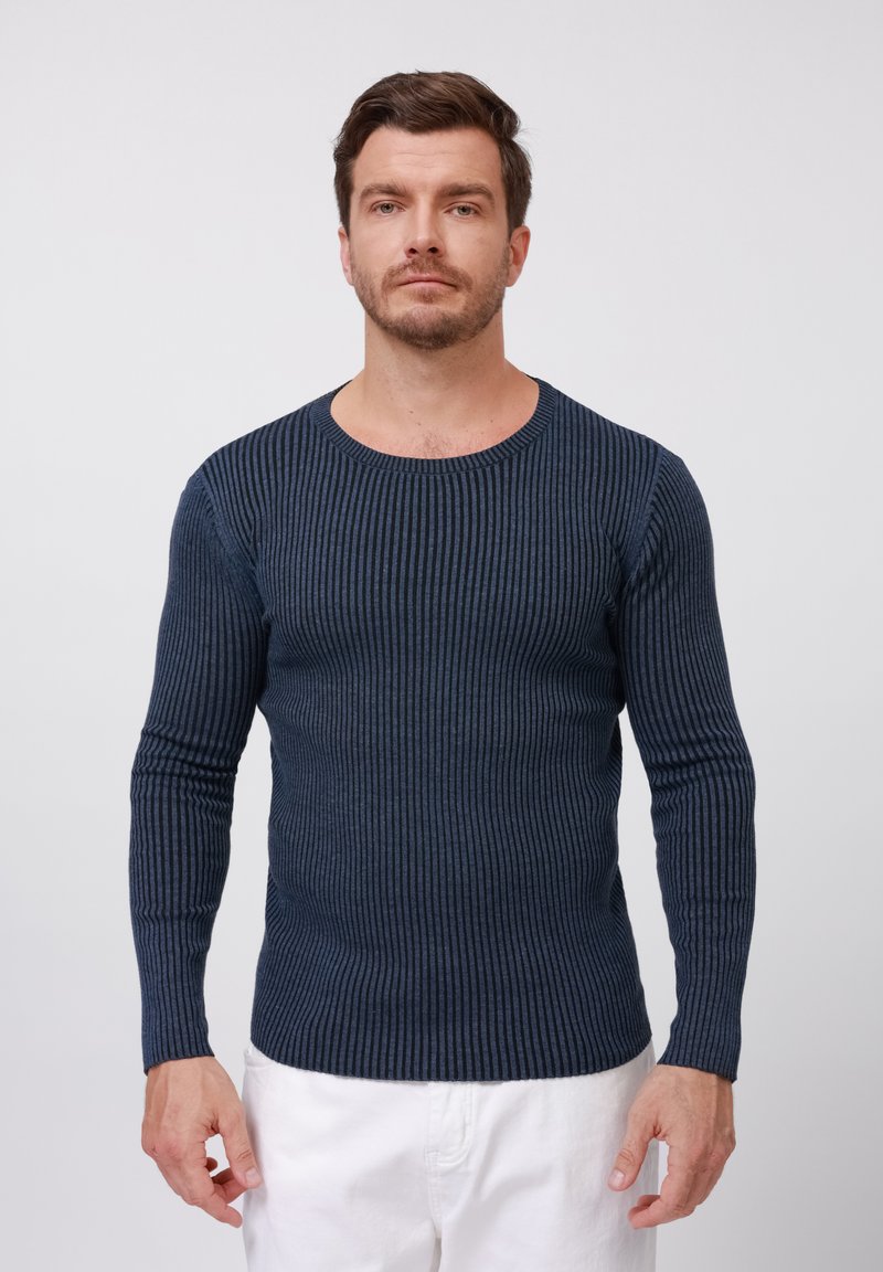 Navy blue ribbed long-sleeve sweater with a round neckline, featuring a fitted design and textured fabric. Light and soft material.