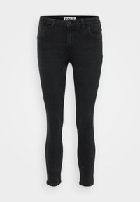 Fekete skinny farmernadrág, klasszikus öt zsebes kialakítással, övtartókkal és cipzáras sliccsel, elöl gombos záródással.