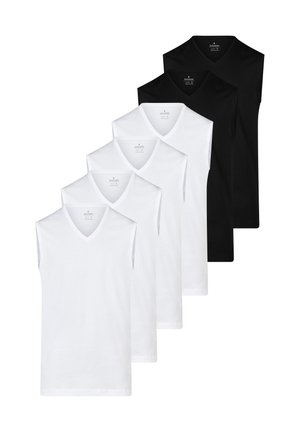 Five sleeveless V-neck undershirts, three white in front and two black behind, arranged vertically on a white background.
