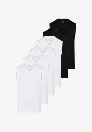 Fem ærmeløse V-hals undertrøjer, tre hvide foran og to sorte bagved, arrangeret lodret på en hvid baggrund.