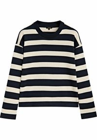 Laivastonsininen ja kermaohra raidallinen pitkähiha sweater, jossa on ribattua pintaa, pyöreä kaula-aukko ja kontrastisia raitoja visuaalisen kiinnostavuuden lisäämiseksi.