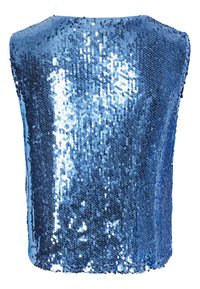 Haut bleu sans manches entièrement couvert de sequins brillants réfléchissant la lumière, avec un ourlet légèrement incurvé et un col rond.