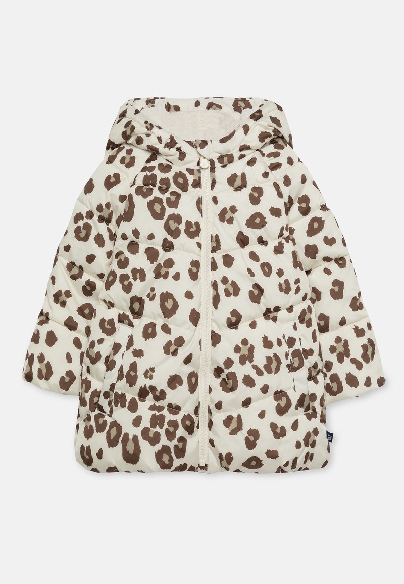 Polstret jakke i creme med brunt leopardprint. Features lynlås foran, hætte og store lommer. Tekstureret, quiltet stof.