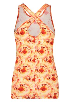 Débardeur multicolore présentant un motif tie-dye en orange et jaune. Il a un dos entrecroisé et un col arrondi.