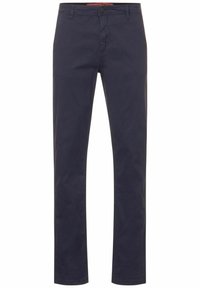 Chinos azul marino fabricados con una mezcla de algodón, con un diseño de pierna recta, trabillas para cinturón y un cierre de botón en la cintura.